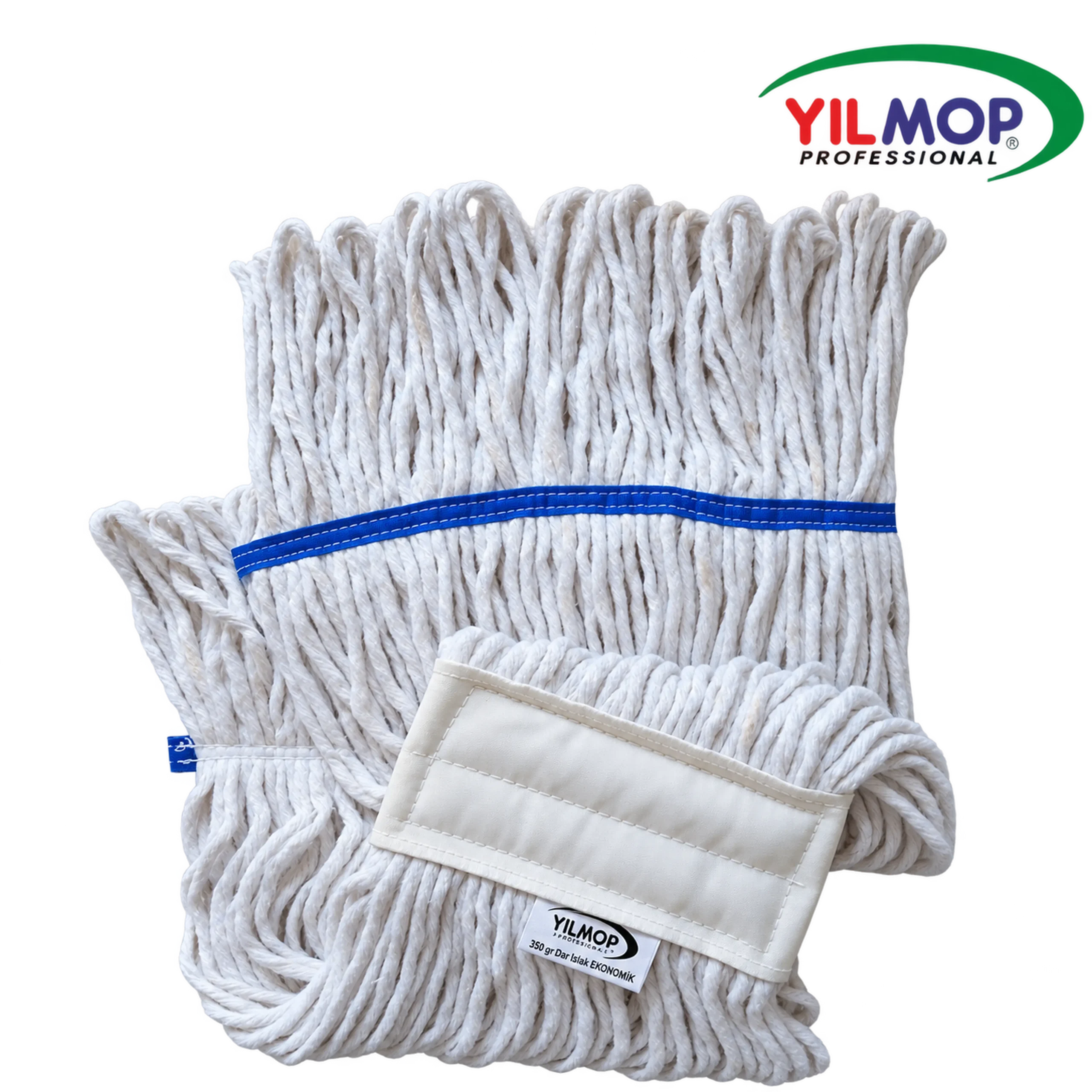 Yılmop YM-201 Dar Islak Mop Ekonomik 350 gr, üzerinde 350 gr etiketi bulunan açık renk iplikli mop