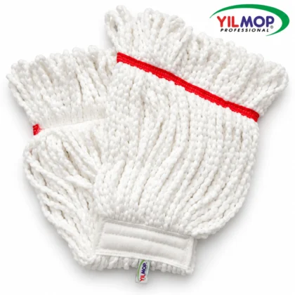 Yılmop YM-231 300 gr beyaz mikrofiber dar ıslak mop başlığı, kırmızı bantlı