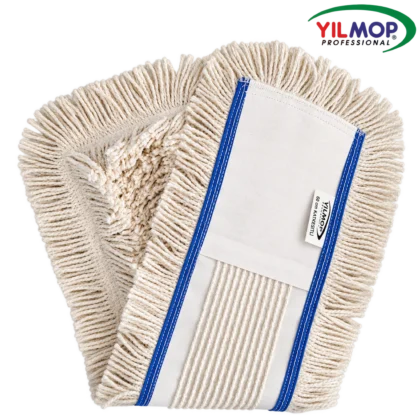 Yılmop YM-104 Kat Kesik Mop 60 cm, mavi kenar dikişli açık renk saçaklar