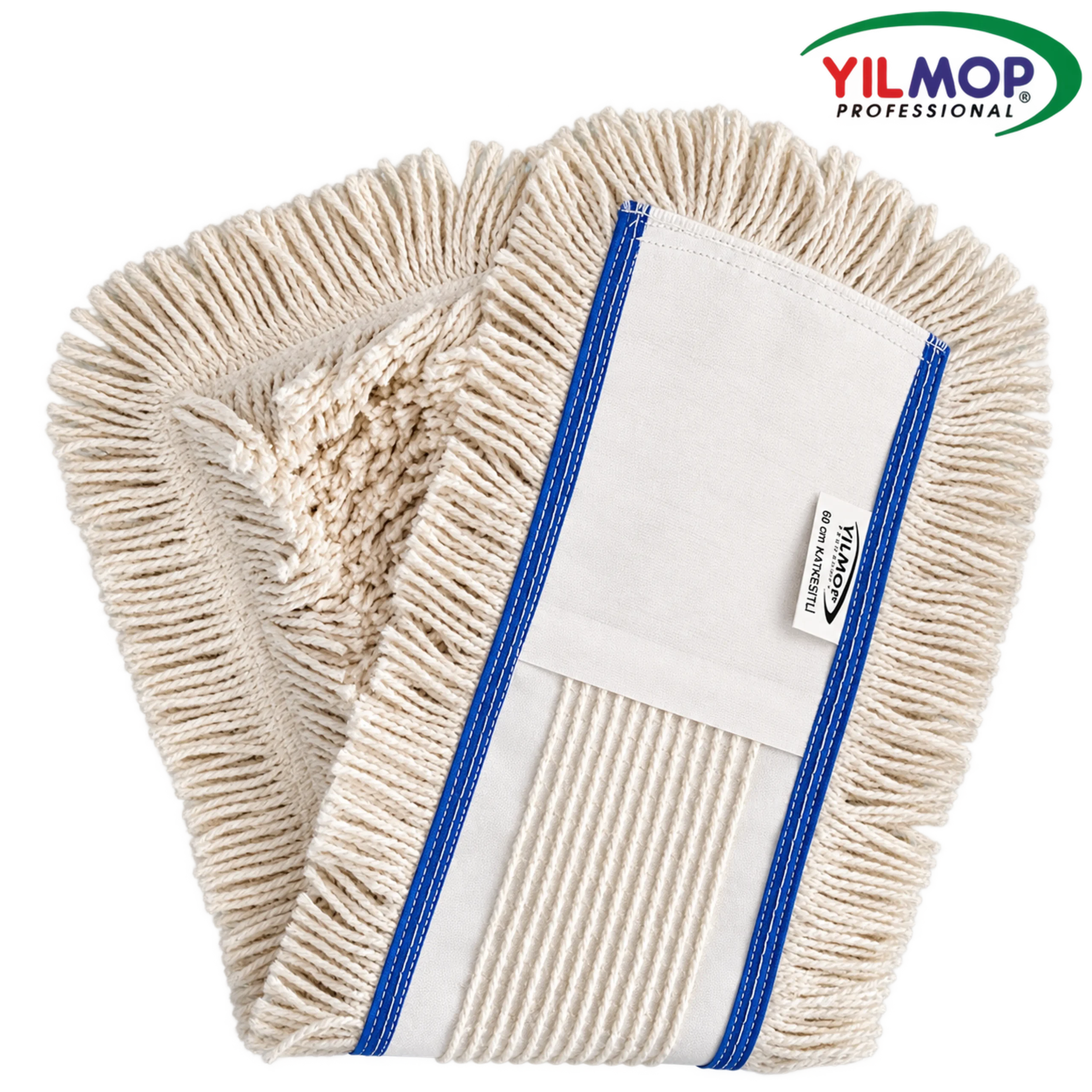 Yılmop YM-104 Kat Kesik Mop 60 cm, mavi kenar dikişli açık renk saçaklar