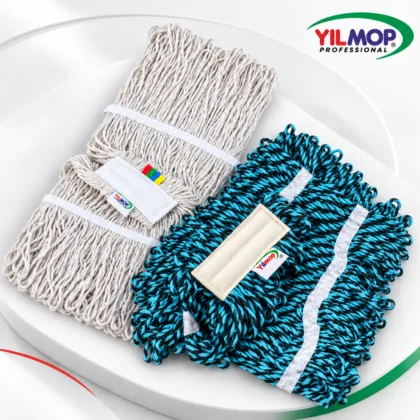 Beyaz dar ve turkuaz renkli geniş ıslak mop başlıkları