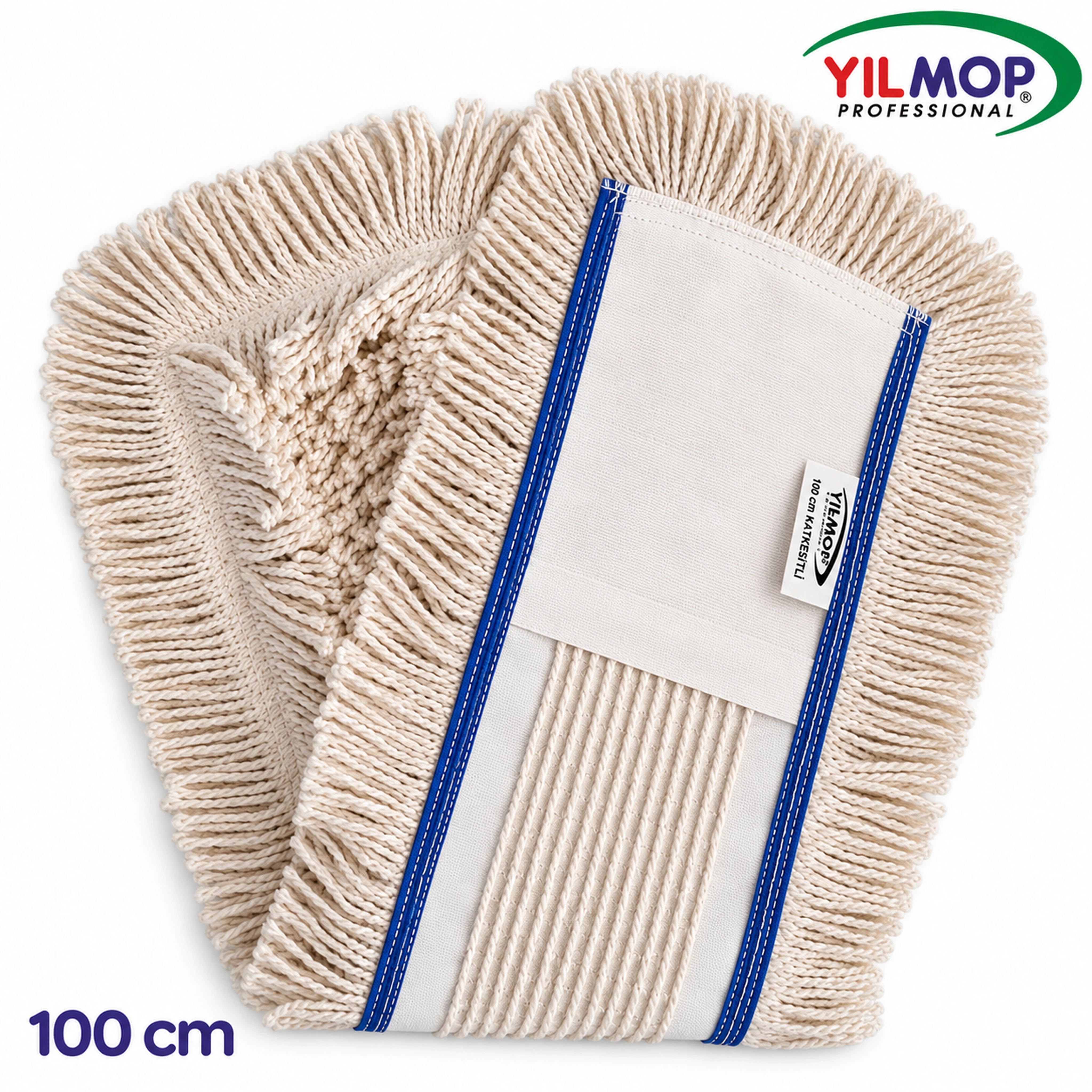 Yılmop YM-106 Kat Kesik Mop 100 cm, mavi kenar şeritli beyaz mopun ön ve arka görünümü