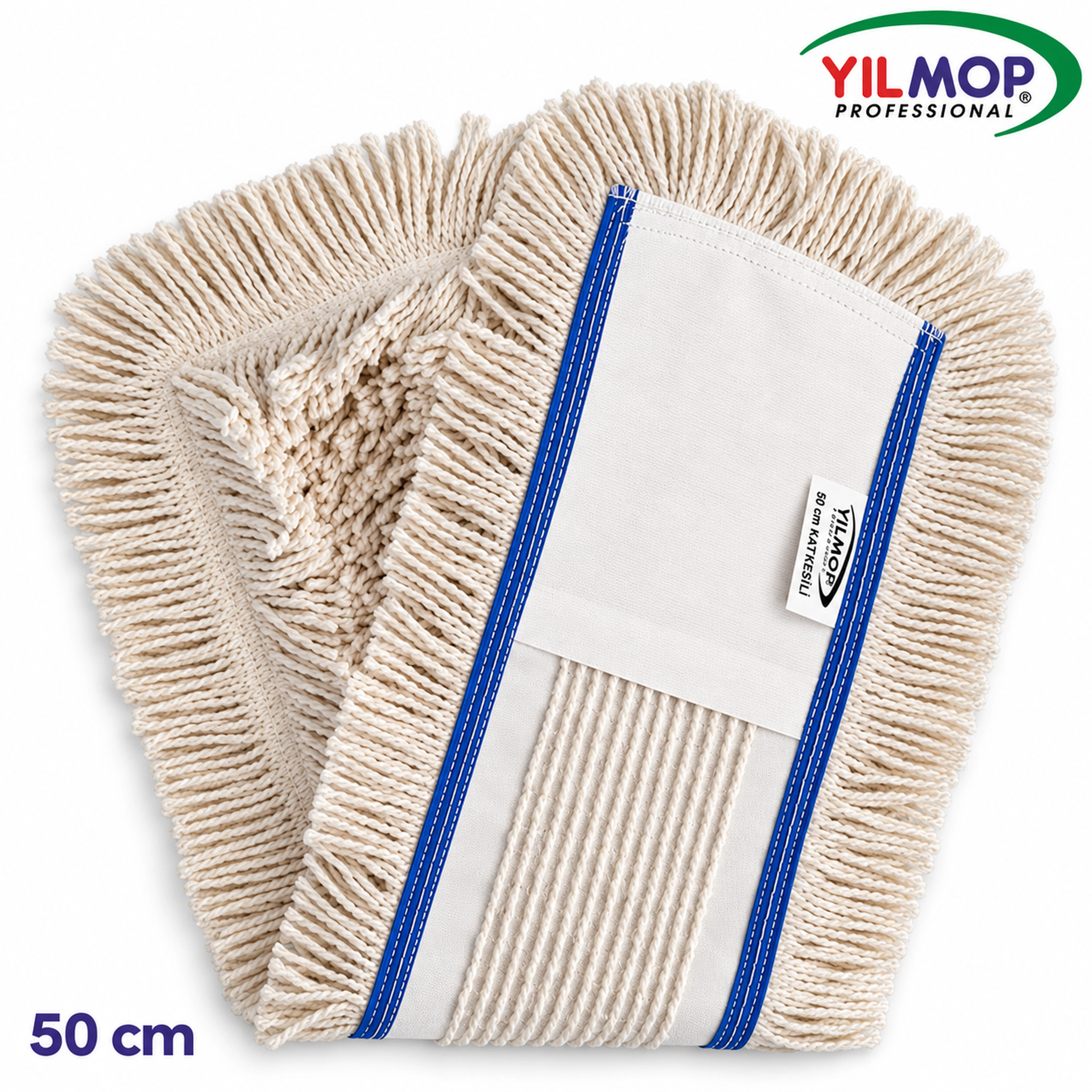 Yılmop YM-103 Kat Kesik Mop 50 cm, mavi kenar şeritli beyaz mopun ön ve arka görünümü