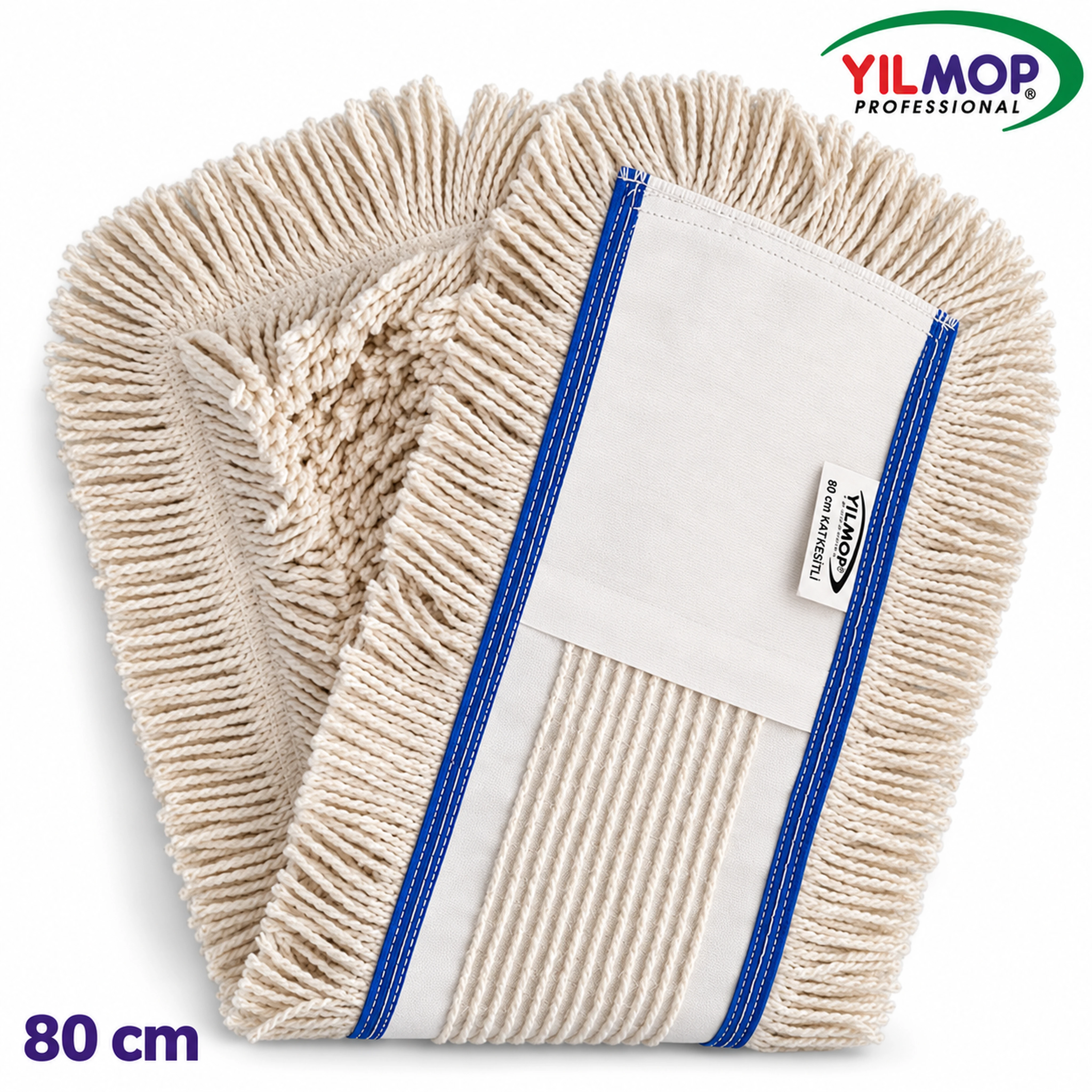 Yılmop YM-105 Kat Kesik Mop 80 cm, mavi kenar şeritli beyaz mopun ön ve arka görünümü
