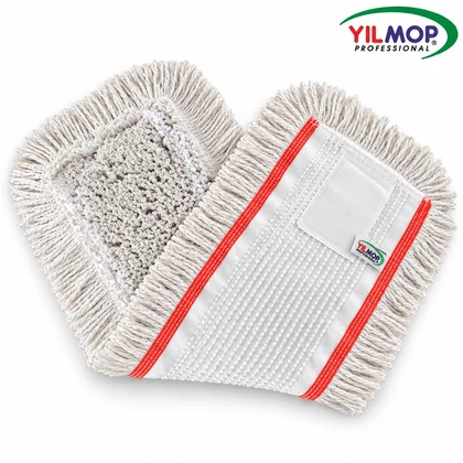 Yılmop YM-108 Kat Kesik Mop – Kulaklı 50 cm, kırmızı kenar şeritli kulaklı beyaz mop