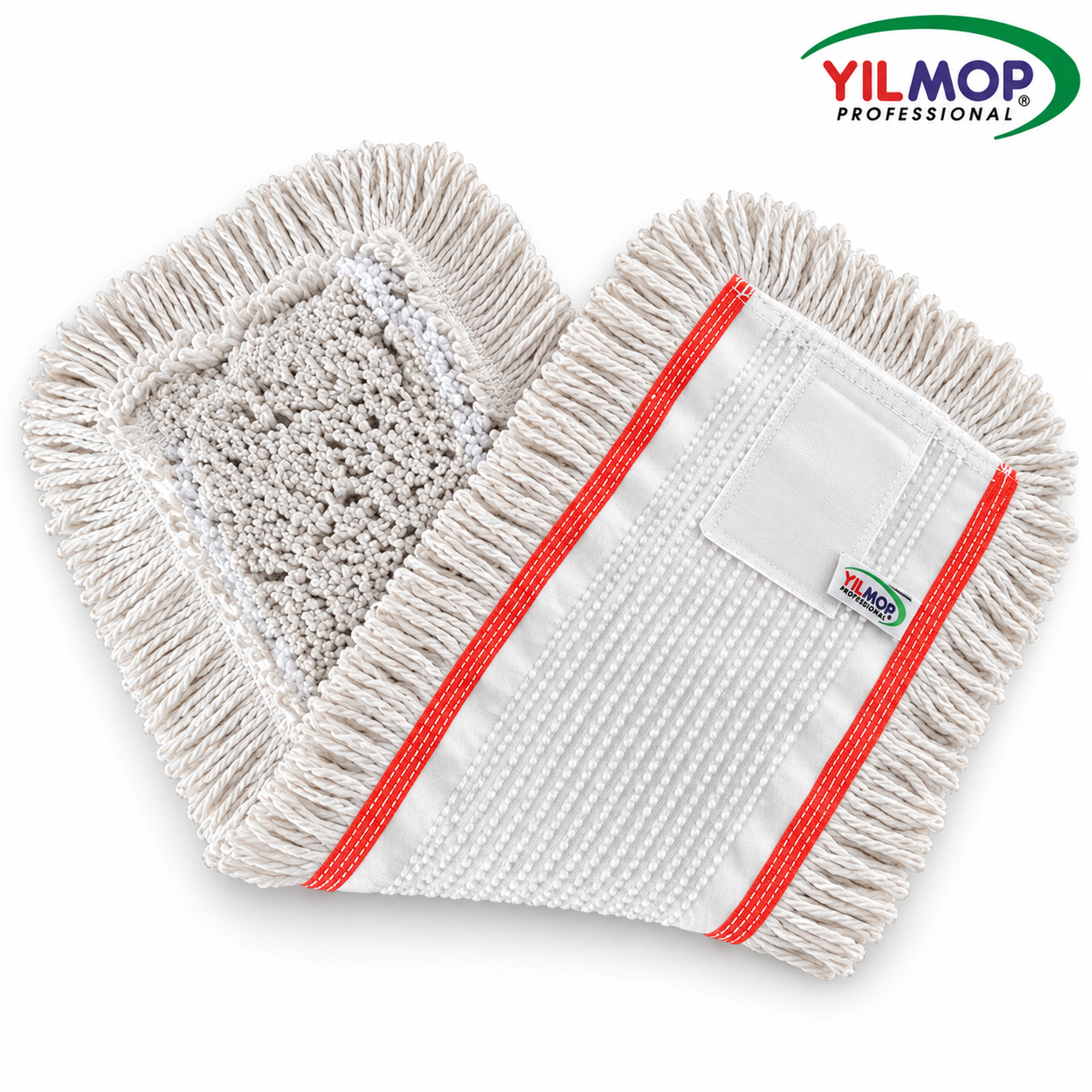 Yılmop YM-108 Kat Kesik Mop – Kulaklı 50 cm, kırmızı kenar şeritli kulaklı beyaz mop