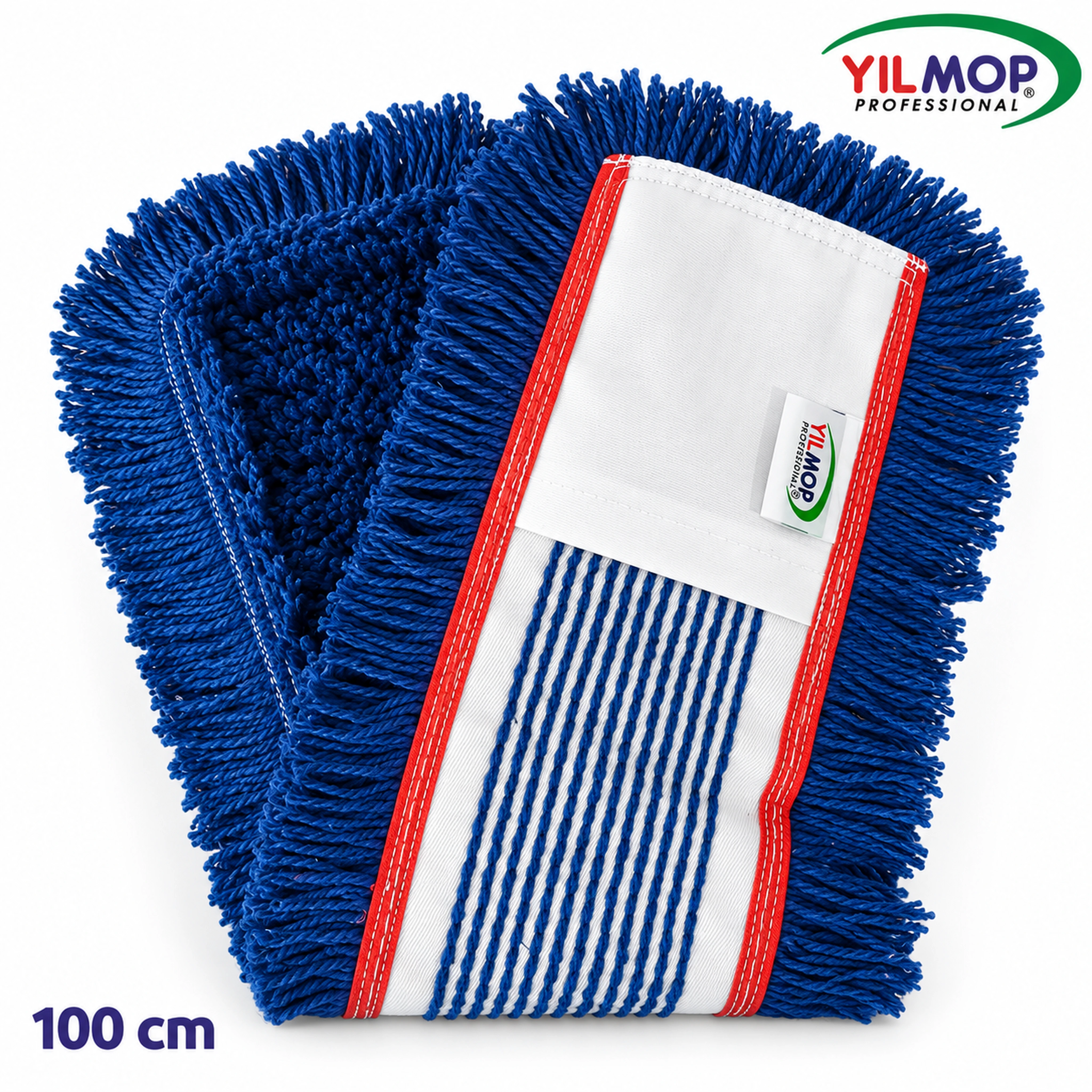 Yılmop YM-121 Kat Kesik Mop – Mavi (Pamuk) 100 cm, kırmızı kenar şeritli koyu mavi pamuk mop