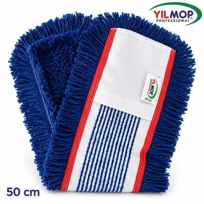 Yılmop YM-118 Kat Kesik Mop – Mavi (Pamuk) 50 cm, kırmızı kenar şeritli koyu mavi pamuk mop