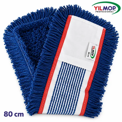 Yılmop YM-120 Kat Kesik Mop – Mavi (Pamuk) 80 cm, kırmızı kenar şeritli koyu mavi pamuk mop