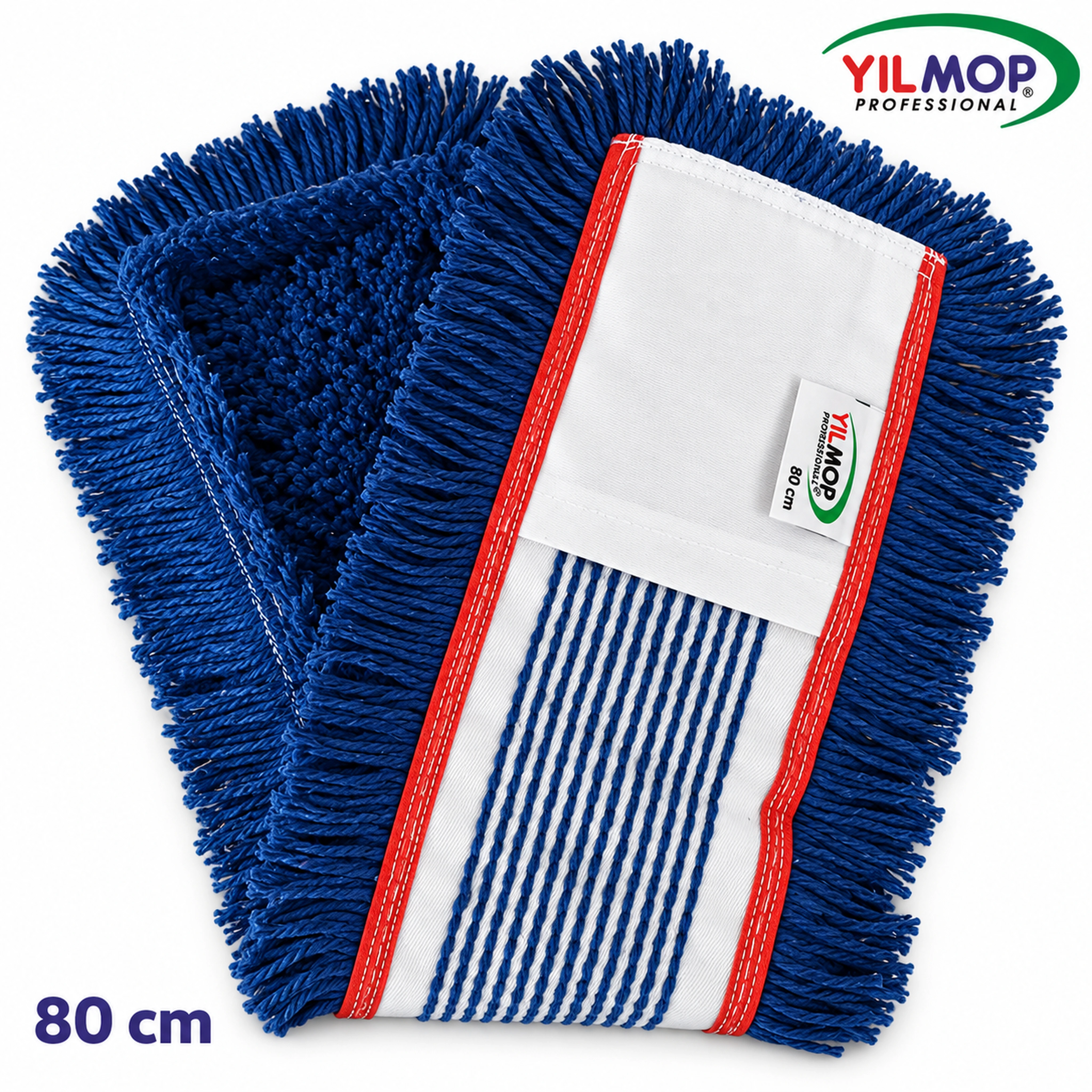 Yılmop YM-120 Kat Kesik Mop – Mavi (Pamuk) 80 cm, kırmızı kenar şeritli koyu mavi pamuk mop