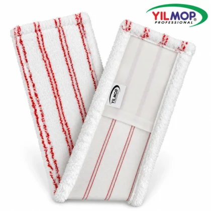 Yılmop YM-144 60 cm mikrofiber mop, kırmızı çizgili beyaz yüzey ve cepli arka görünüm