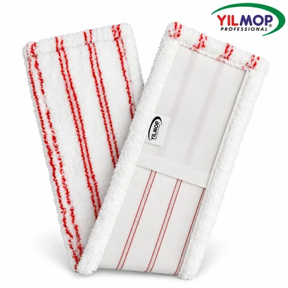 Yılmop YM-146 Mikrofiber Mop -100 cm, kırmızı çizgili beyaz mopun ön ve arka görünümü