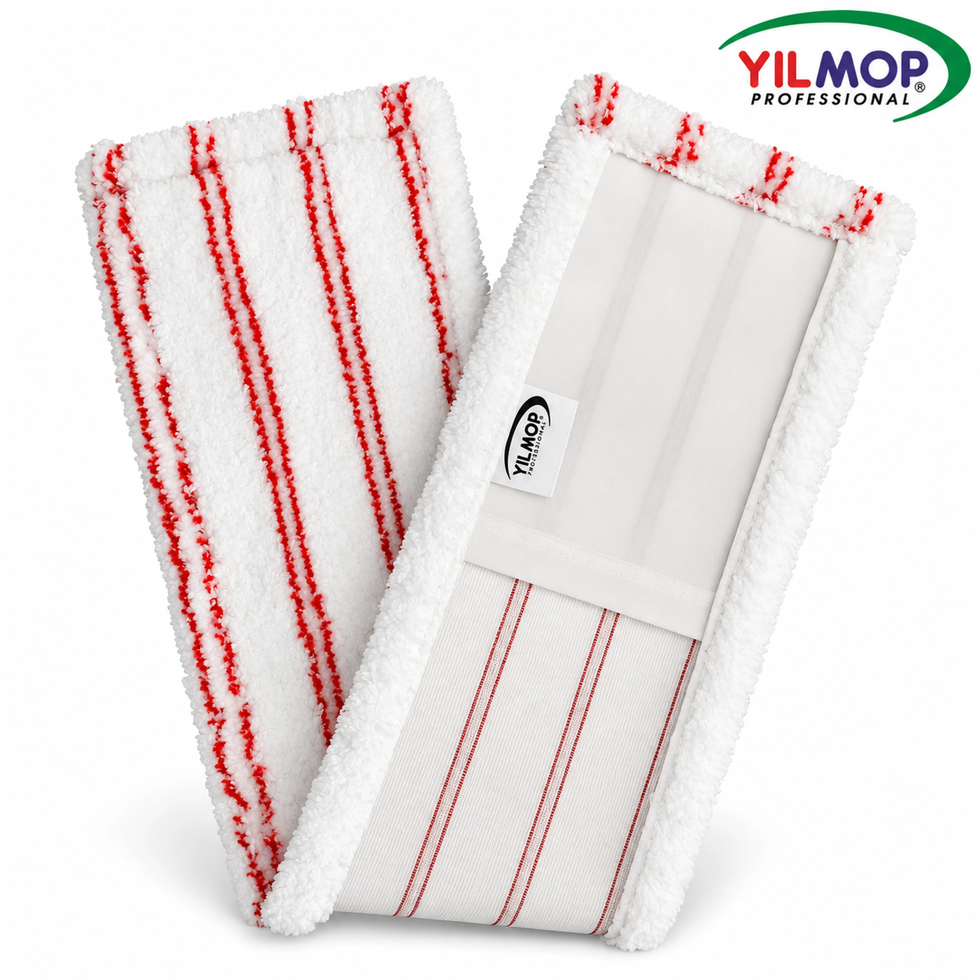 Yılmop YM-146 Mikrofiber Mop -100 cm, kırmızı çizgili beyaz mopun ön ve arka görünümü