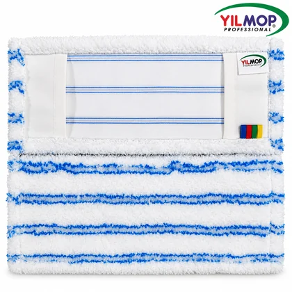 Yılmop YM-142 Mikrofiber Mop – 40 cm, mavi çizgili beyaz mopun ön ve arka görünümü