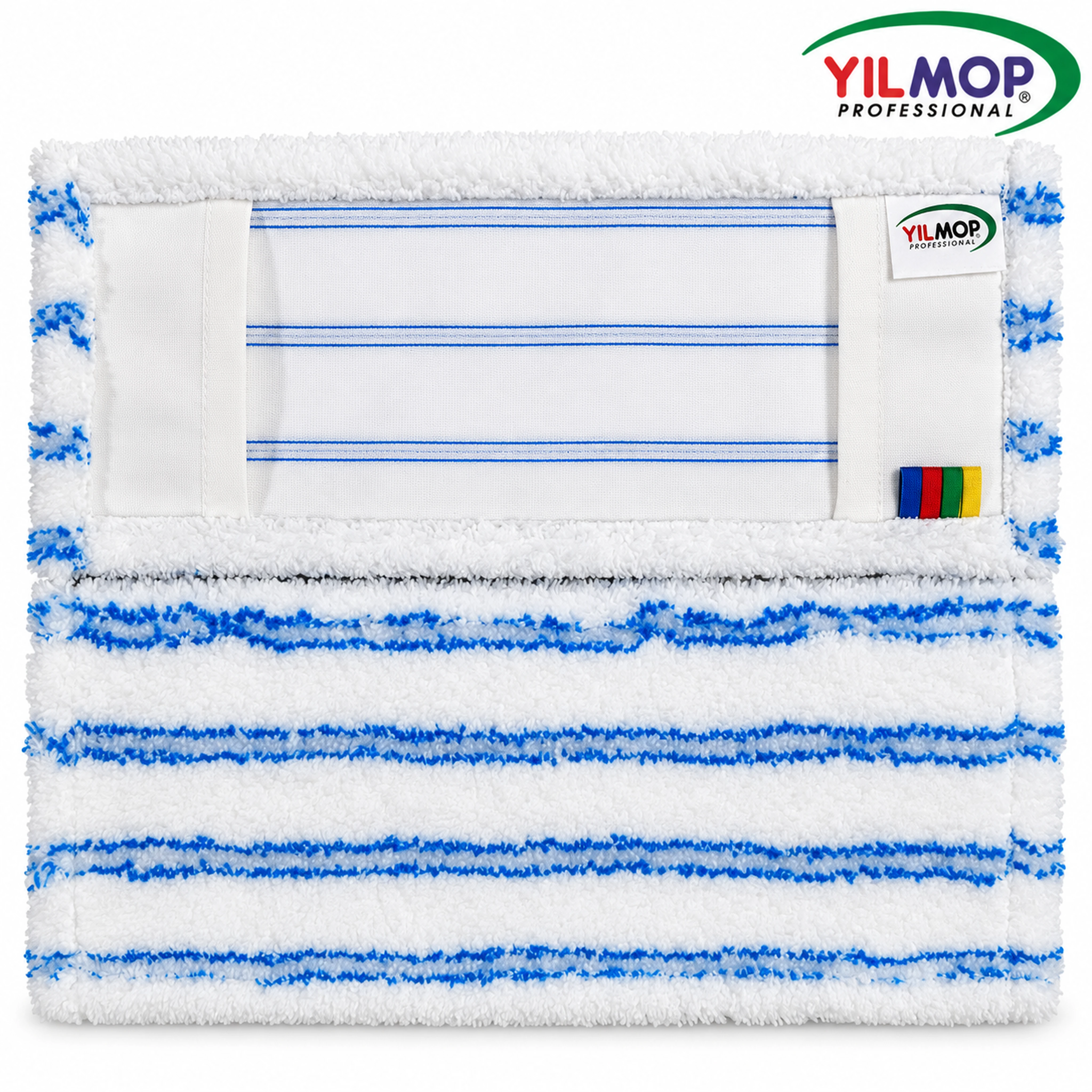 Yılmop YM-142 Mikrofiber Mop – 40 cm, mavi çizgili beyaz mopun ön ve arka görünümü