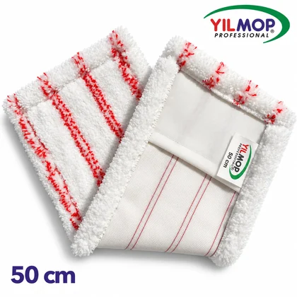 Yılmop YM-143 Mikrofiber Mop – 50 cm, kırmızı çizgili beyaz mopun ön ve arka görünümü