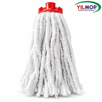 Yılmop YM-313 Vidalı Mop – Pamuk İp – JUMBO, beyaz pamuk iplikler ve kırmızı vidalı başlık