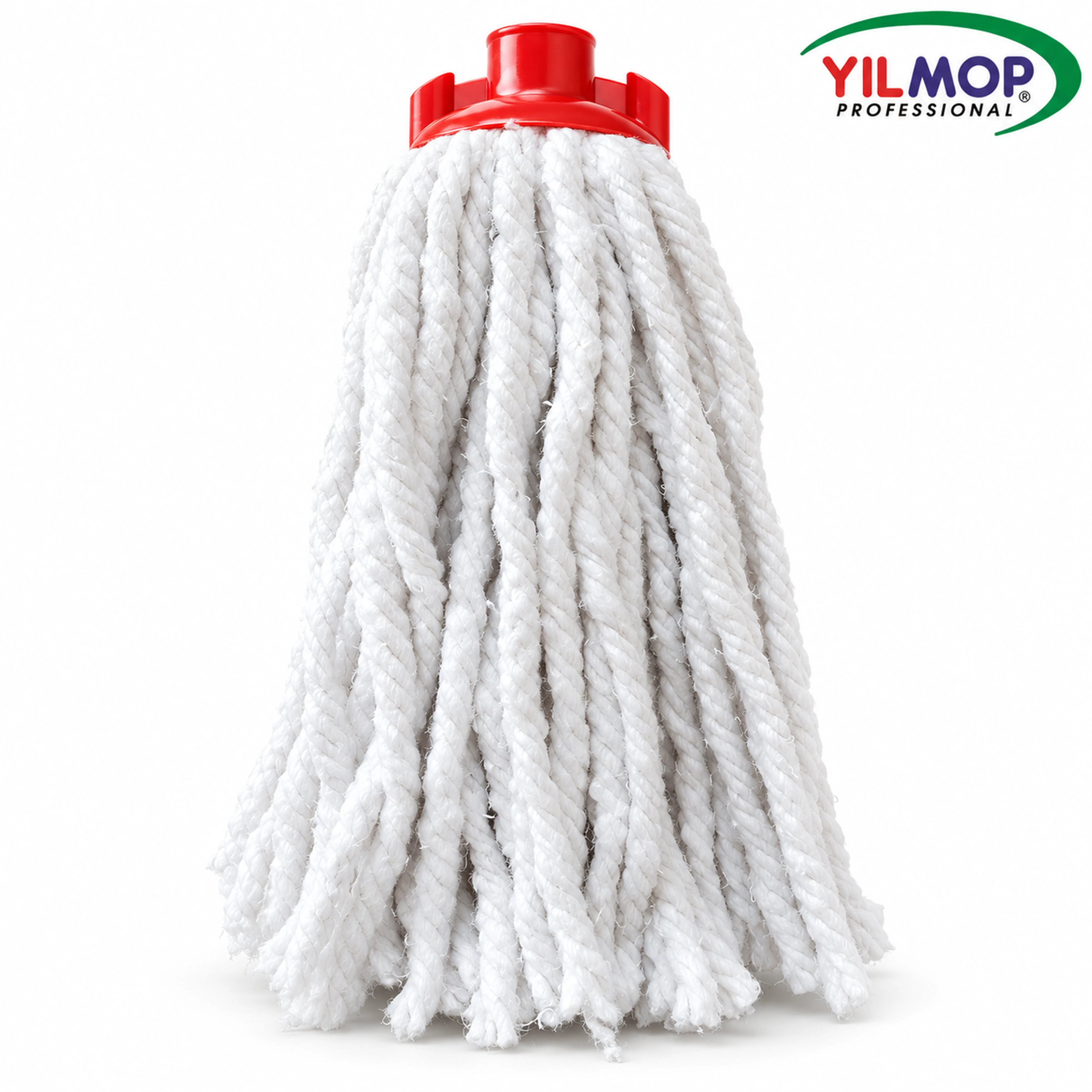 Yılmop YM-313 Vidalı Mop – Pamuk İp – JUMBO, beyaz pamuk iplikler ve kırmızı vidalı başlık