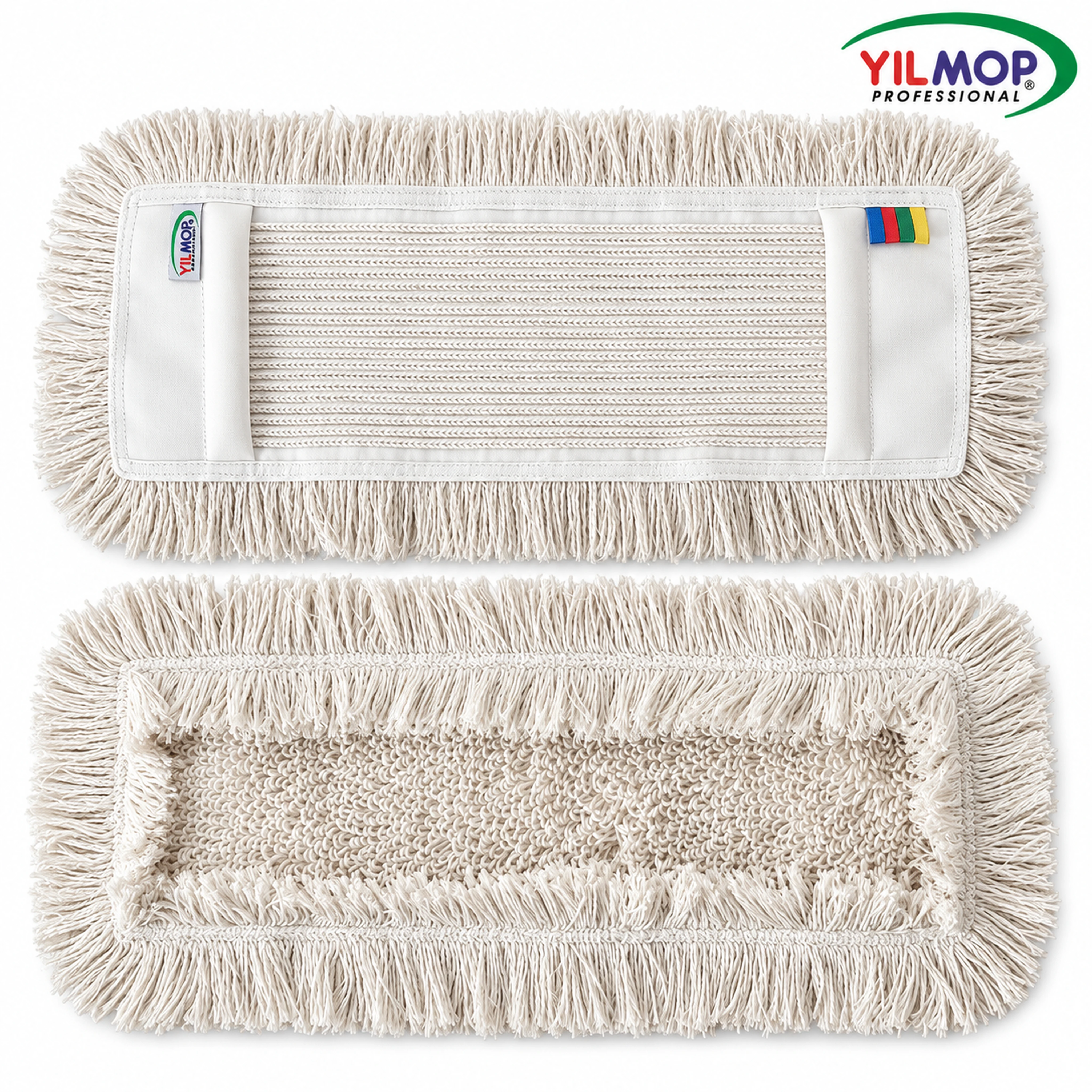 Yılmop YM-122 Zincirdikiş Mop – 40 cm, beyaz zincir dikişli mopun ön ve arka görünümü