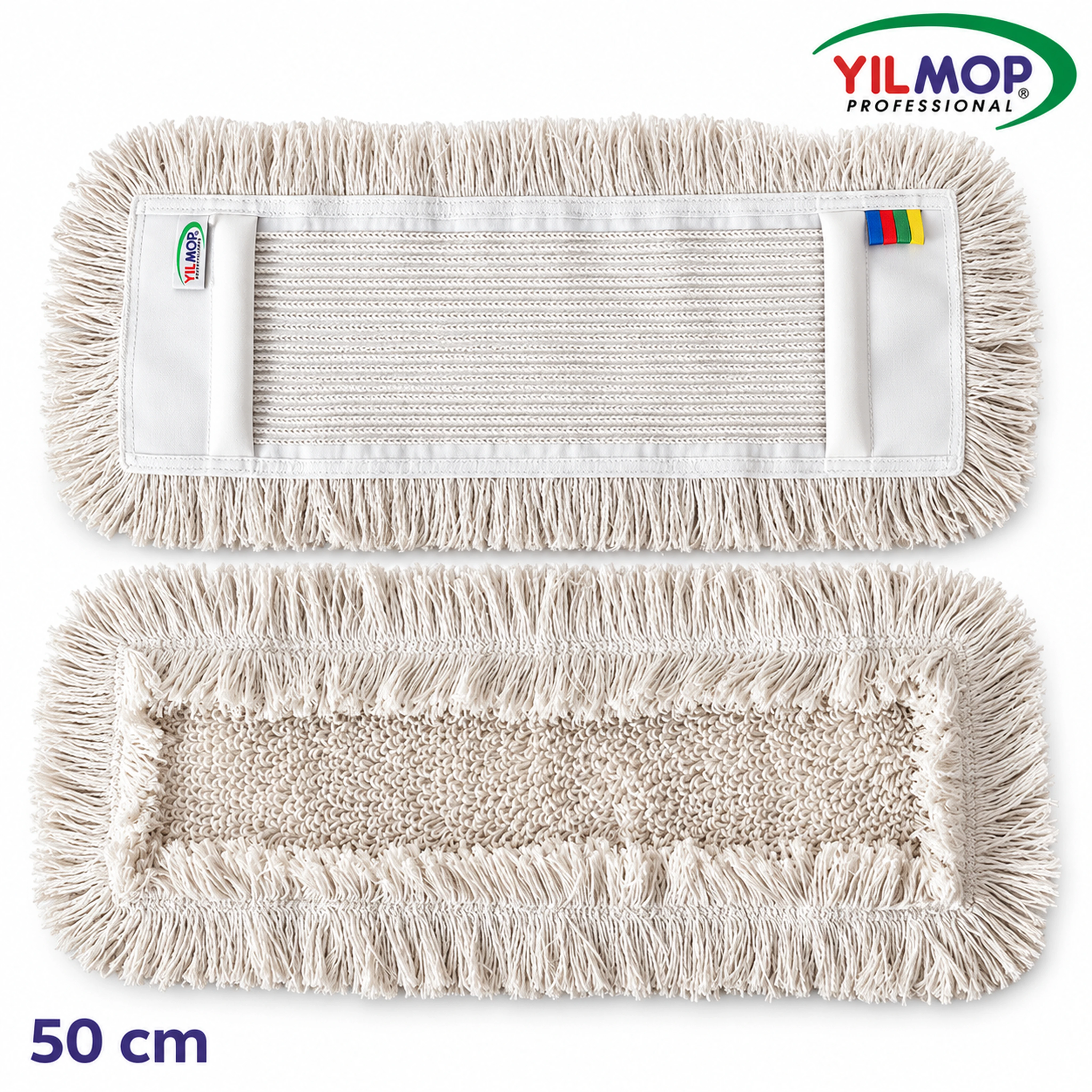 Yılmop YM-123 Zincirdikiş Mop – 50 cm, beyaz zincir dikişli mopun ön ve arka görünümü