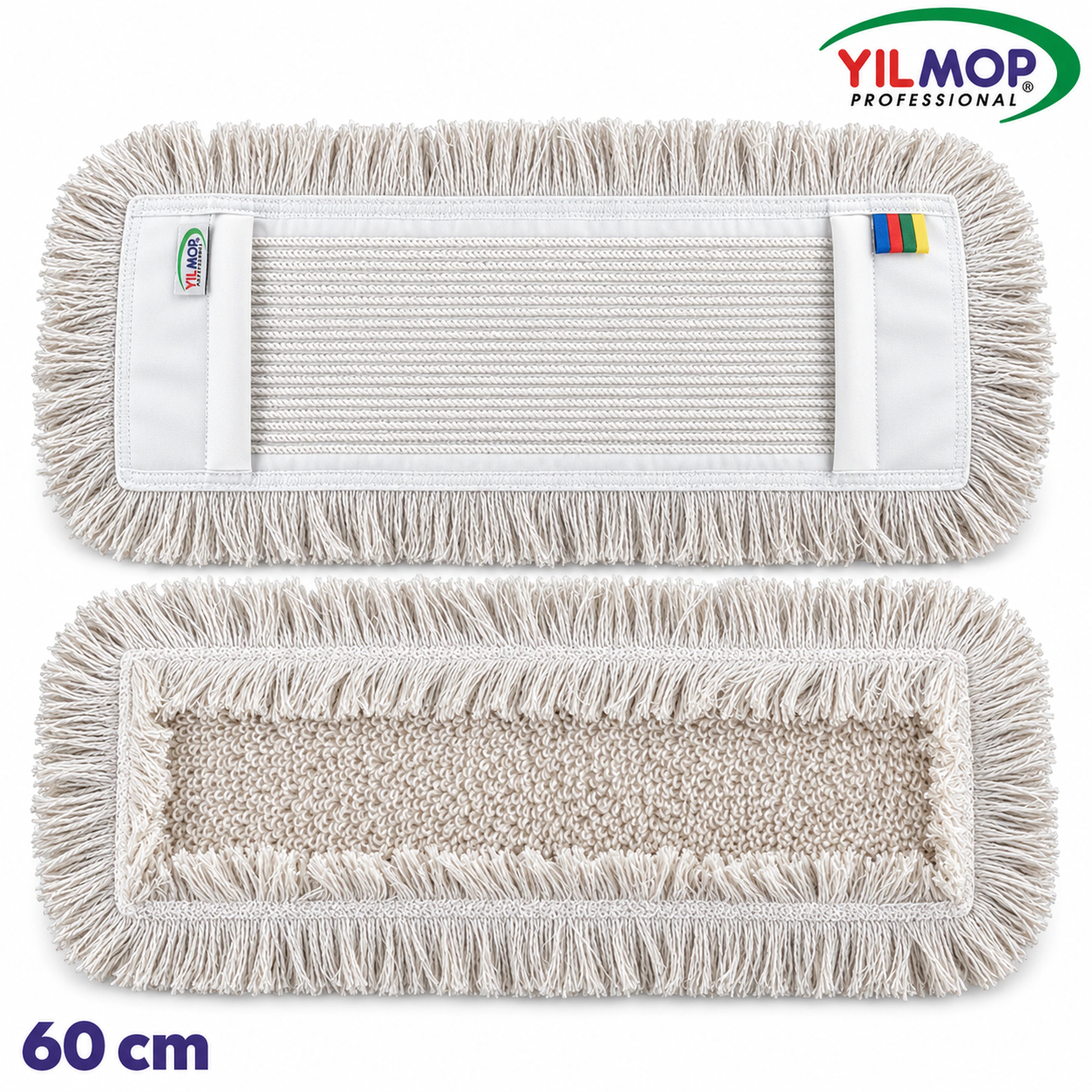 Yılmop YM-124 Zincirdikiş Mop – 60 cm, beyaz zincir dikişli mopun ön ve arka görünümü