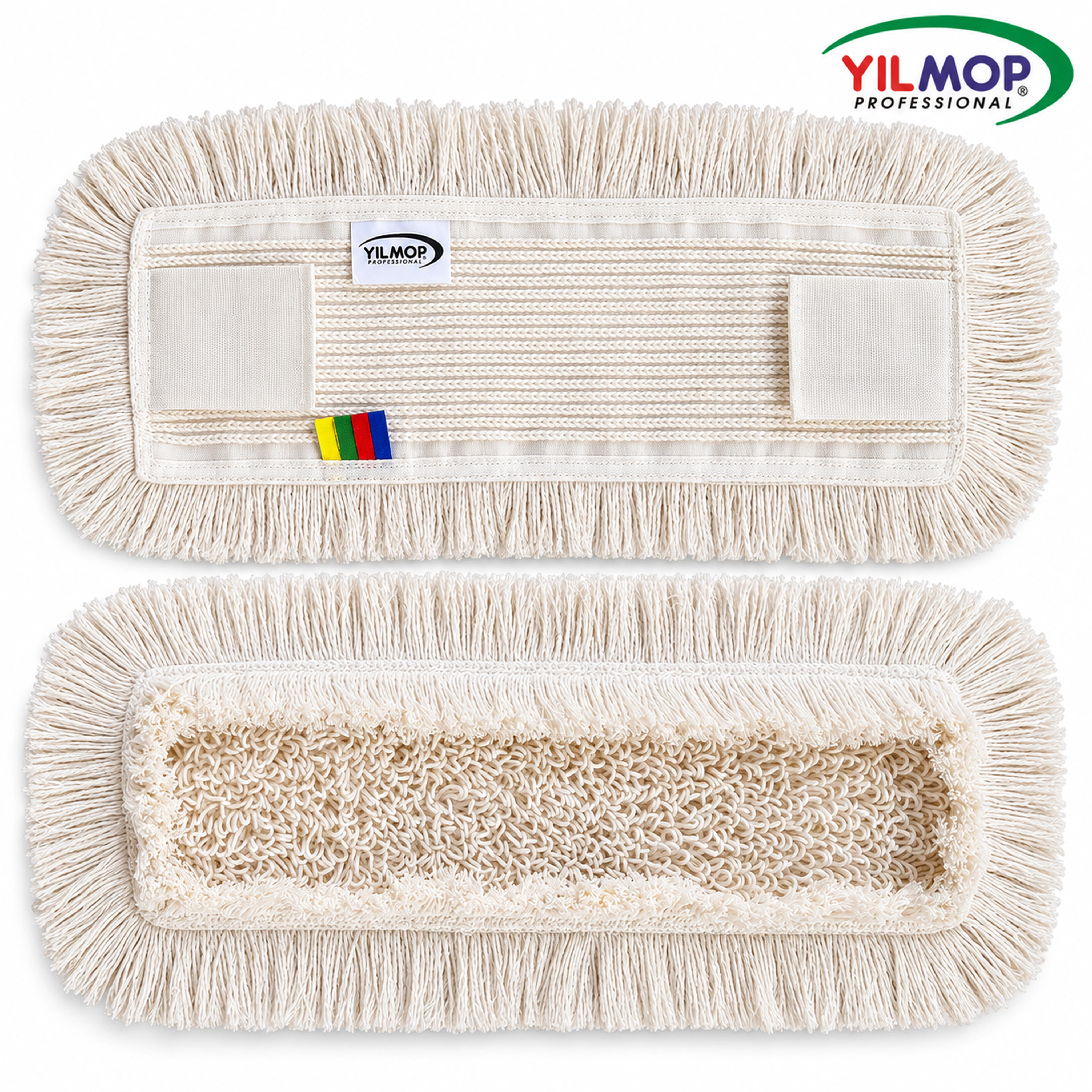 Yılmop YM-111 Zincirdikiş Mop – KULAKLI 40 cm, kulaklı beyaz mopun ön ve arka görünümü