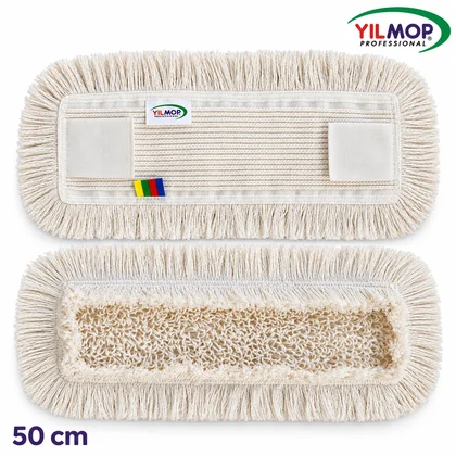 Yılmop YM-112 Zincirdikiş Mop – KULAKLI 50 cm, kulaklı beyaz mopun ön ve arka görünümü