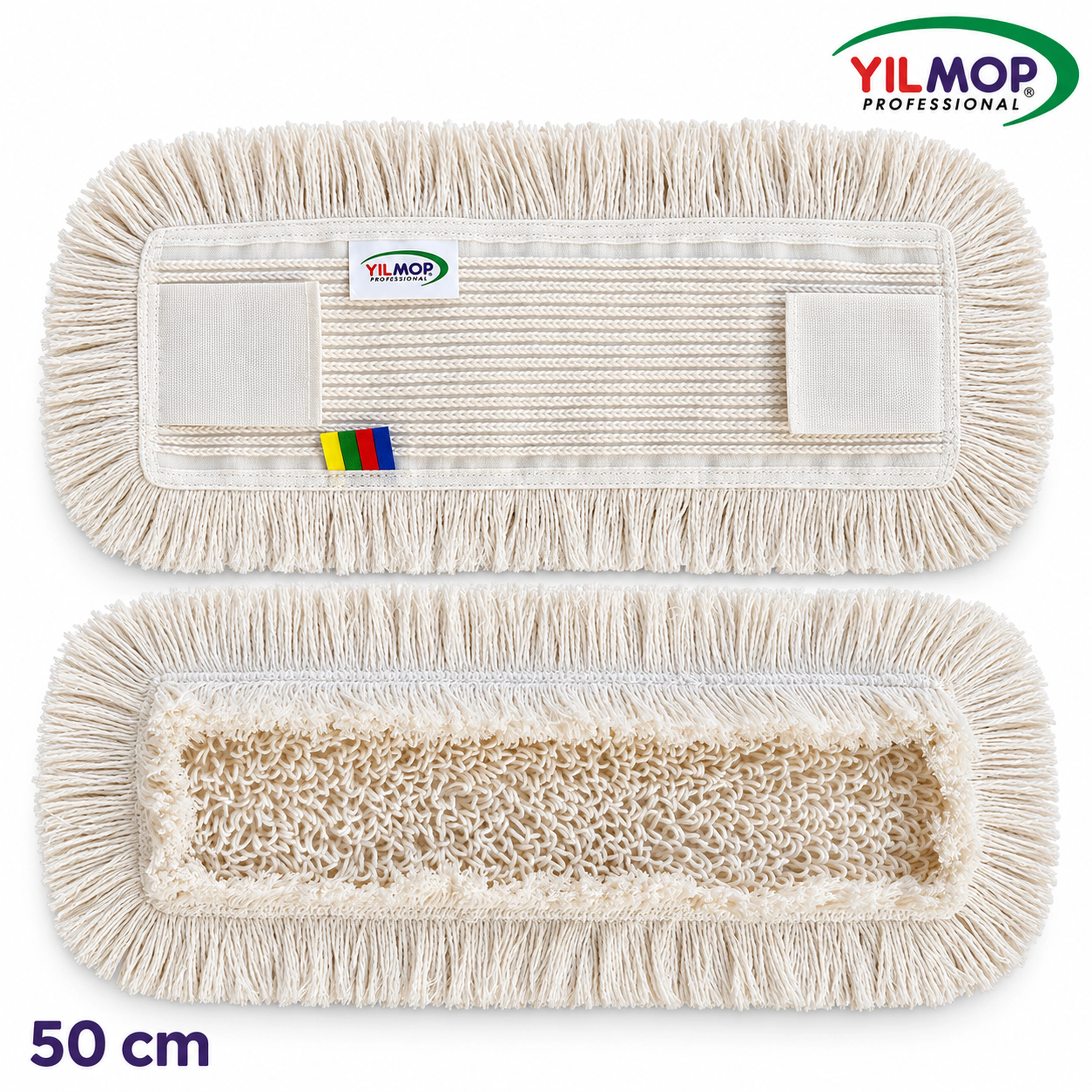 Yılmop YM-112 Zincirdikiş Mop – KULAKLI 50 cm, kulaklı beyaz mopun ön ve arka görünümü